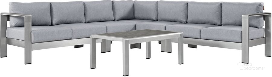 The appearance of Shore Silver Gray 6 Piece Outdoor Patio Aluminum Sectional Sofa Set EEI-2561-SLV-GRY designed by Modway in the modern / contemporary interior design. This silver gray piece of furniture  was selected by 1StopBedrooms from Shore Collection to add a touch of cosiness and style into your home. Sku: EEI-2561-SLV-GRY. Material: Wood. Product Type: Outdoor Sofa. Image1