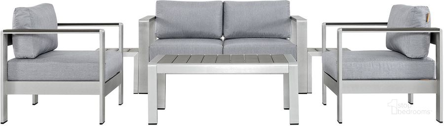 The appearance of Shore Silver Gray 6 Piece Outdoor Patio Aluminum Sectional Sofa Set EEI-2568-SLV-GRY designed by Modway in the modern / contemporary interior design. This silver gray piece of furniture  was selected by 1StopBedrooms from Shore Collection to add a touch of cosiness and style into your home. Sku: EEI-2568-SLV-GRY. Material: Wood. Product Type: Outdoor Sofa. Image1