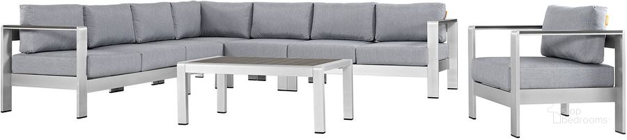 The appearance of Shore Silver Gray 7 Piece Outdoor Patio Aluminum Sectional Sofa Set designed by Modway in the modern / contemporary interior design. This silver gray piece of furniture  was selected by 1StopBedrooms from Shore Collection to add a touch of cosiness and style into your home. Sku: EEI-2562-SLV-GRY. Material: Wood. Product Type: Outdoor Sofa. Image1