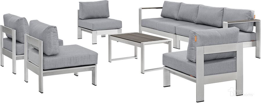 The appearance of Shore Silver Gray 7 Piece Outdoor Patio Sectional Sofa Set designed by Modway in the modern / contemporary interior design. This silver gray piece of furniture  was selected by 1StopBedrooms from Shore Collection to add a touch of cosiness and style into your home. Sku: EEI-2566-SLV-GRY. Material: Wood. Product Type: Outdoor Sofa. Image1