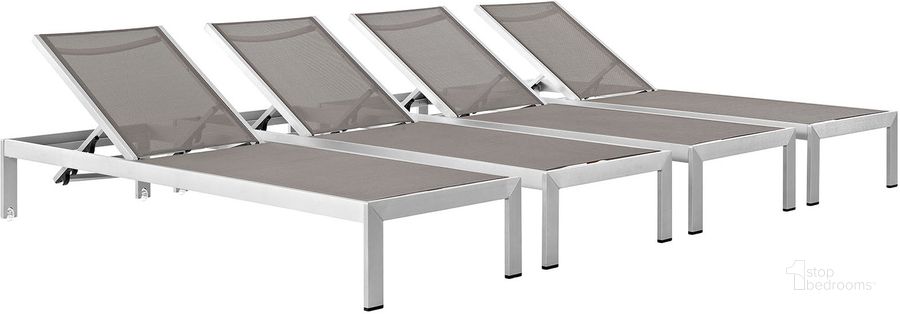 The appearance of Shore Silver Gray Chaise Outdoor Patio Aluminum Set of 4 EEI-2473-SLV-GRY-SET designed by Modway in the modern / contemporary interior design. This silver gray piece of furniture  was selected by 1StopBedrooms from Shore Collection to add a touch of cosiness and style into your home. Sku: EEI-2473-SLV-GRY-SET. Material: Aluminum. Product Type: Outdoor Chaise Lounge. Image1