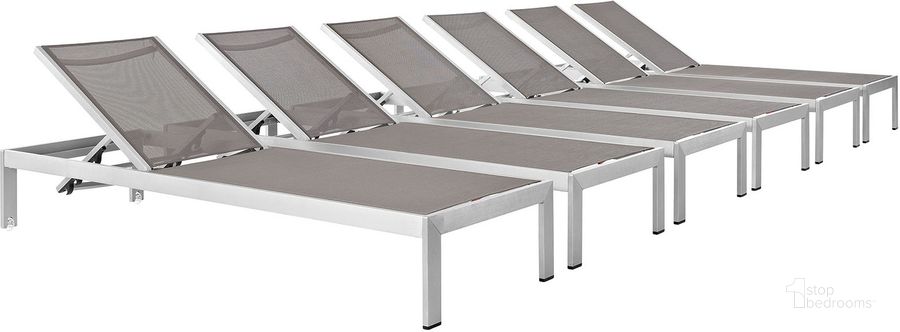 The appearance of Shore Silver Gray Chaise Outdoor Patio Aluminum Set of 6 EEI-2474-SLV-GRY-SET designed by Modway in the modern / contemporary interior design. This silver gray piece of furniture  was selected by 1StopBedrooms from Shore Collection to add a touch of cosiness and style into your home. Sku: EEI-2474-SLV-GRY-SET. Material: Aluminum. Product Type: Outdoor Chaise Lounge. Image1