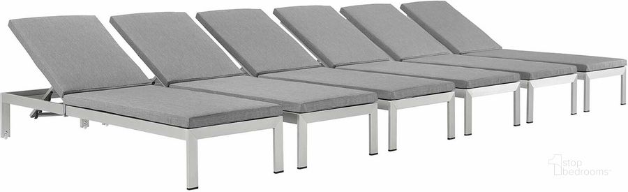 The appearance of Shore Silver Gray Chaise with Cushions Outdoor Patio Aluminum Set of 6 designed by Modway in the modern / contemporary interior design. This silver gray piece of furniture  was selected by 1StopBedrooms from Shore Collection to add a touch of cosiness and style into your home. Sku: EEI-2739-SLV-GRY-SET. Material: Aluminum. Product Type: Outdoor Chaise Lounge. Image1