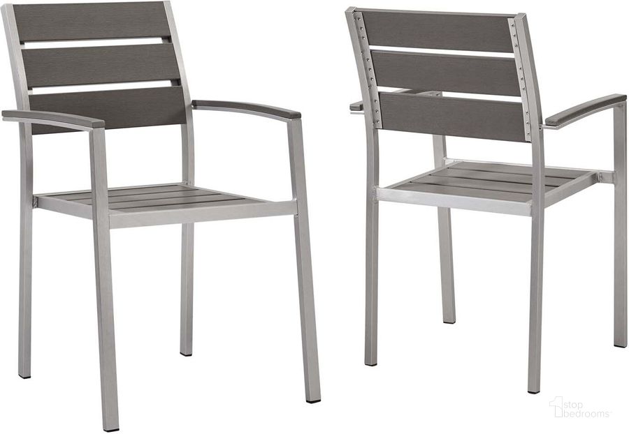 The appearance of Shore Silver Gray Outdoor Patio Aluminum Dining Arm Chair Set of 2 designed by Modway in the modern / contemporary interior design. This silver gray piece of furniture  was selected by 1StopBedrooms from Shore Collection to add a touch of cosiness and style into your home. Sku: EEI-4042-SLV-GRY. Material: Aluminum. Product Type: Outdoor Dining Chair. Image1