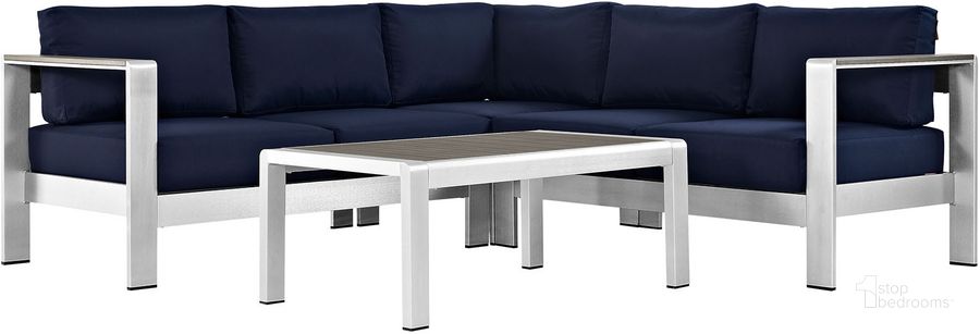 The appearance of Shore Silver Navy 4 Piece Outdoor Patio Aluminum Sectional Sofa Set EEI-2559-SLV-NAV designed by Modway in the modern / contemporary interior design. This silver navy piece of furniture  was selected by 1StopBedrooms from Shore Collection to add a touch of cosiness and style into your home. Sku: EEI-2559-SLV-NAV. Material: Wood. Product Type: Outdoor Sofa. Image1