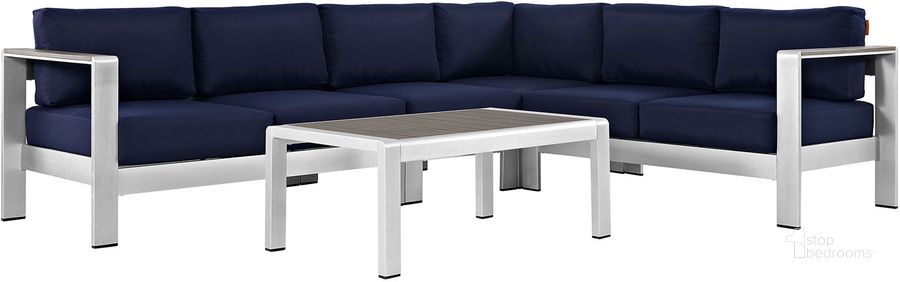 The appearance of Shore Silver Navy 5 Piece Outdoor Patio Aluminum Sectional Sofa Set EEI-2557-SLV-NAV designed by Modway in the modern / contemporary interior design. This silver navy piece of furniture  was selected by 1StopBedrooms from Shore Collection to add a touch of cosiness and style into your home. Sku: EEI-2557-SLV-NAV. Material: Wood. Product Type: Outdoor Sofa. Image1