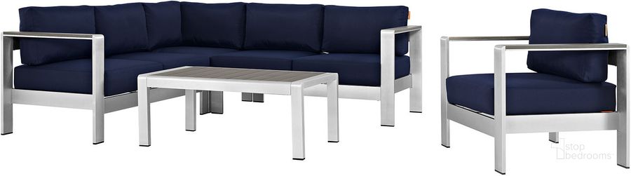 The appearance of Shore Silver Navy 5 Piece Outdoor Patio Aluminum Sectional Sofa Set EEI-2560-SLV-NAV designed by Modway in the modern / contemporary interior design. This silver navy piece of furniture  was selected by 1StopBedrooms from Shore Collection to add a touch of cosiness and style into your home. Sku: EEI-2560-SLV-NAV. Material: Wood. Product Type: Outdoor Sofa. Image1