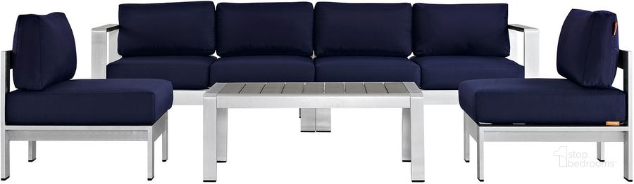 The appearance of Shore Silver Navy 5 Piece Outdoor Patio Aluminum Sectional Sofa Set EEI-2564-SLV-NAV designed by Modway in the modern / contemporary interior design. This silver navy piece of furniture  was selected by 1StopBedrooms from Shore Collection to add a touch of cosiness and style into your home. Sku: EEI-2564-SLV-NAV. Material: Wood. Product Type: Outdoor Sofa. Image1