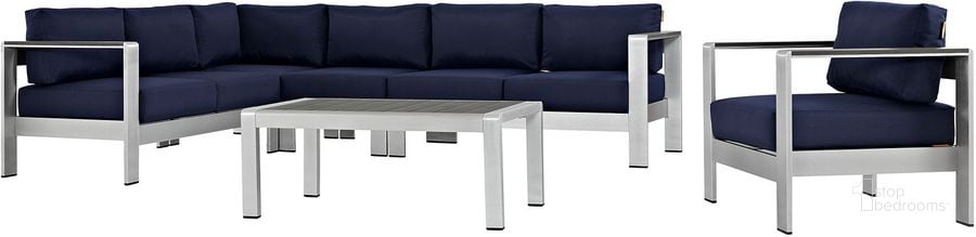 The appearance of Shore Silver Navy 6 Piece Outdoor Patio Aluminum Sectional Sofa Set EEI-2558-SLV-NAV designed by Modway in the modern / contemporary interior design. This silver navy piece of furniture  was selected by 1StopBedrooms from Shore Collection to add a touch of cosiness and style into your home. Sku: EEI-2558-SLV-NAV. Material: Wood. Product Type: Outdoor Sofa. Image1