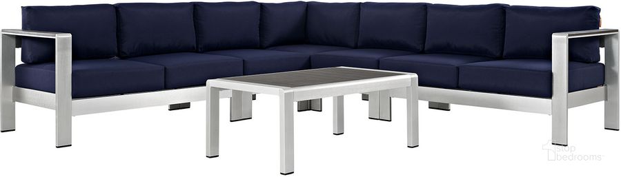 The appearance of Shore Silver Navy 6 Piece Outdoor Patio Aluminum Sectional Sofa Set EEI-2561-SLV-NAV designed by Modway in the modern / contemporary interior design. This silver navy piece of furniture  was selected by 1StopBedrooms from Shore Collection to add a touch of cosiness and style into your home. Sku: EEI-2561-SLV-NAV. Material: Wood. Product Type: Outdoor Sofa. Image1