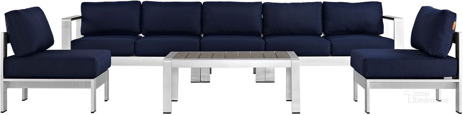 The appearance of Shore Silver Navy 6 Piece Outdoor Patio Aluminum Sectional Sofa Set EEI-2565-SLV-NAV designed by Modway in the modern / contemporary interior design. This silver navy piece of furniture  was selected by 1StopBedrooms from Shore Collection to add a touch of cosiness and style into your home. Sku: EEI-2565-SLV-NAV. Material: Wood. Product Type: Outdoor Sofa. Image1