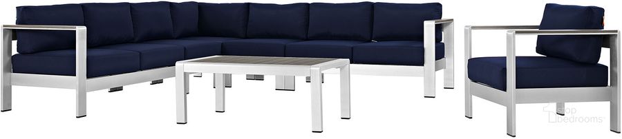 The appearance of Shore Silver Navy 7 Piece Outdoor Patio Aluminum Sectional Sofa Set designed by Modway in the modern / contemporary interior design. This silver navy piece of furniture  was selected by 1StopBedrooms from Shore Collection to add a touch of cosiness and style into your home. Sku: EEI-2562-SLV-NAV. Material: Wood. Product Type: Outdoor Sofa. Image1