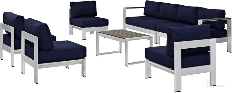 The appearance of Shore Silver Navy 7 Piece Outdoor Patio Sectional Sofa Set designed by Modway in the modern / contemporary interior design. This silver navy piece of furniture  was selected by 1StopBedrooms from Shore Collection to add a touch of cosiness and style into your home. Sku: EEI-2566-SLV-NAV. Material: Wood. Product Type: Outdoor Sofa. Image1