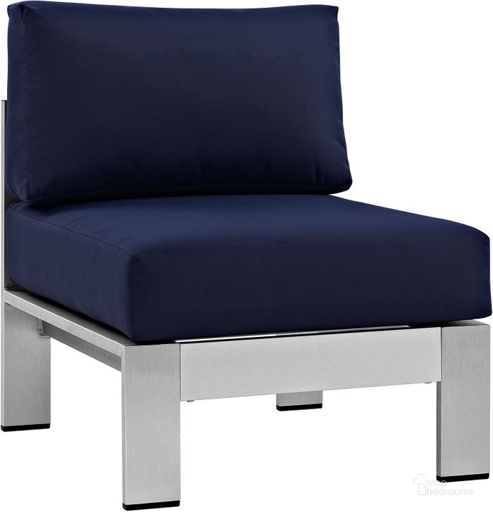 The appearance of Shore Silver Navy Armless Outdoor Patio Aluminum Chair designed by Modway in the modern / contemporary interior design. This silver navy piece of furniture  was selected by 1StopBedrooms from Shore Collection to add a touch of cosiness and style into your home. Sku: EEI-2263-SLV-NAV. Product Type: Outdoor Chair. Material: Foam. Image1