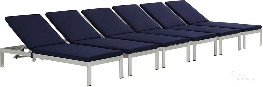 The appearance of Shore Silver Navy Chaise with Cushions Outdoor Patio Aluminum Set of 6 designed by Modway in the modern / contemporary interior design. This silver navy piece of furniture  was selected by 1StopBedrooms from Shore Collection to add a touch of cosiness and style into your home. Sku: EEI-2739-SLV-NAV-SET. Material: Aluminum. Product Type: Outdoor Chaise Lounge. Image1