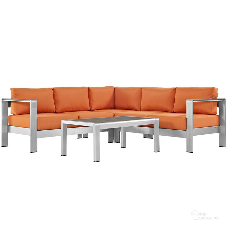 The appearance of Shore 4-Piece Outdoor Patio Aluminum Sectional Sofa Set In Silver Orange designed by Modway in the modern / contemporary interior design. This silver orange piece of furniture  was selected by 1StopBedrooms from Shore Collection to add a touch of cosiness and style into your home. Sku: EEI-2559-SLV-ORA. Product Type: Outdoor Sectional. Material: Foam. Image1