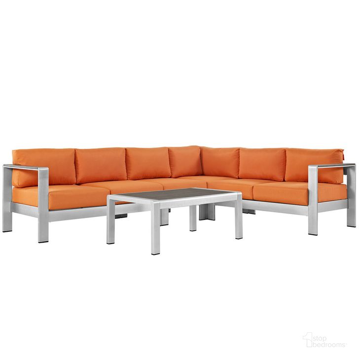 The appearance of Shore 5-Piece Outdoor Patio Aluminum Sectional Sofa Set In Silver Orange designed by Modway in the modern / contemporary interior design. This silver orange piece of furniture  was selected by 1StopBedrooms from Shore Collection to add a touch of cosiness and style into your home. Sku: EEI-2557-SLV-ORA. Product Type: Outdoor Sectional. Material: Foam. Image1