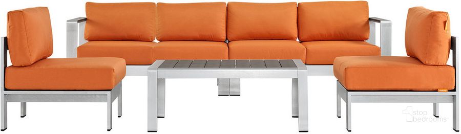 The appearance of Shore 5-Piece Outdoor Patio Aluminum Sectional Sofa Set In Silver Orange designed by Modway in the modern / contemporary interior design. This silver orange piece of furniture  was selected by 1StopBedrooms from Shore Collection to add a touch of cosiness and style into your home. Sku: EEI-2564-SLV-ORA. Product Type: Outdoor Sectional. Material: Foam. Image1