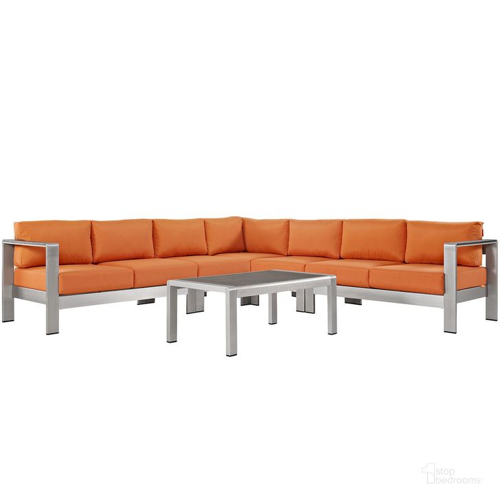 The appearance of Shore 6-Piece Outdoor Patio Aluminum Sectional Sofa Set In Silver Orange designed by Modway in the modern / contemporary interior design. This silver orange piece of furniture  was selected by 1StopBedrooms from Shore Collection to add a touch of cosiness and style into your home. Sku: EEI-2561-SLV-ORA. Product Type: Outdoor Sectional. Material: Foam. Image1