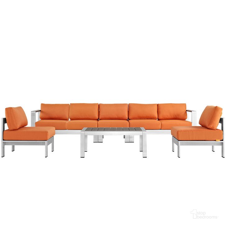 The appearance of Shore 6-Piece Outdoor Patio Aluminum Sectional Sofa Set In Silver Orange designed by Modway in the modern / contemporary interior design. This silver orange piece of furniture  was selected by 1StopBedrooms from Shore Collection to add a touch of cosiness and style into your home. Sku: EEI-2565-SLV-ORA. Product Type: Outdoor Sectional. Material: Foam. Image1