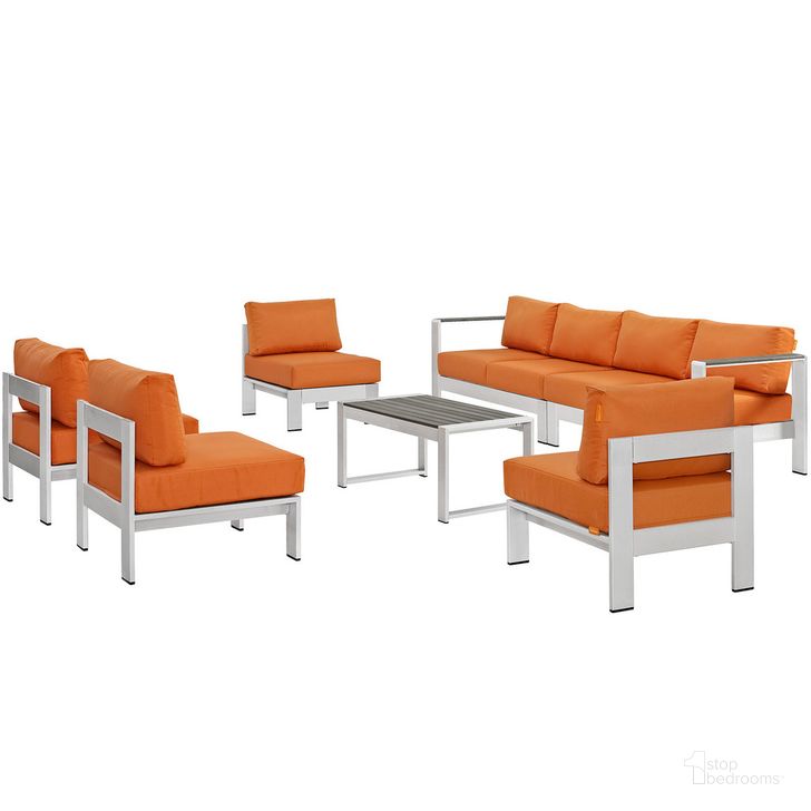 The appearance of Shore 7-Piece Outdoor Patio Sectional Sofa Set In Silver Orange designed by Modway in the modern / contemporary interior design. This silver orange piece of furniture  was selected by 1StopBedrooms from Shore Collection to add a touch of cosiness and style into your home. Sku: EEI-2566-SLV-ORA. Product Type: Outdoor Sectional. Material: Foam. Image1