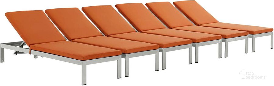 The appearance of Shore Silver Orange Chaise with Cushions Outdoor Patio Aluminum Set of 6 designed by Modway in the modern / contemporary interior design. This silver orange piece of furniture  was selected by 1StopBedrooms from Shore Collection to add a touch of cosiness and style into your home. Sku: EEI-2739-SLV-ORA-SET. Material: Aluminum. Product Type: Outdoor Chaise Lounge. Image1
