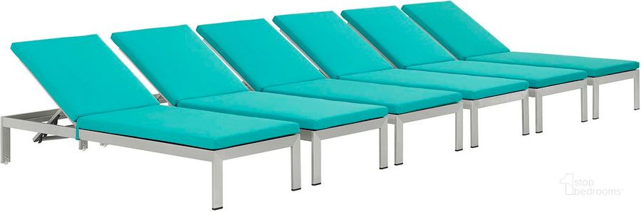 The appearance of Shore Silver Turquoise Chaise with Cushions Outdoor Patio Aluminum Set of 6 designed by Modway in the modern / contemporary interior design. This silver turquoise piece of furniture  was selected by 1StopBedrooms from Shore Collection to add a touch of cosiness and style into your home. Sku: EEI-2739-SLV-TRQ-SET. Material: Aluminum. Product Type: Outdoor Chaise Lounge. Image1