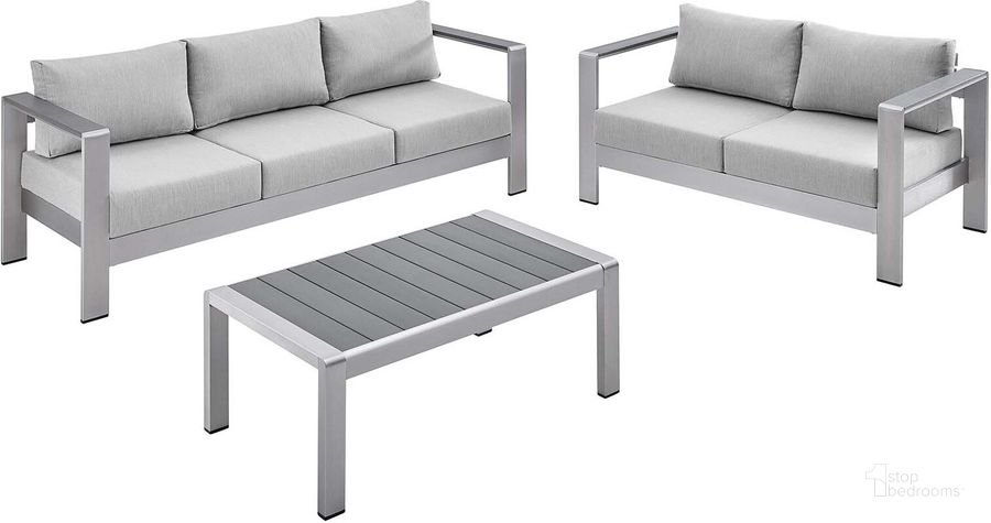 The appearance of Shore Sunbrella Fabric Outdoor Patio Aluminum 3 Piece Set EEI-4313-SLV-GRY-SET designed by Modway in the modern / contemporary interior design. This silver gray piece of furniture  was selected by 1StopBedrooms from Shore Collection to add a touch of cosiness and style into your home. Sku: EEI-4313-SLV-GRY-SET. Product Type: Outdoor Conversation Set. Material: Foam. Image1