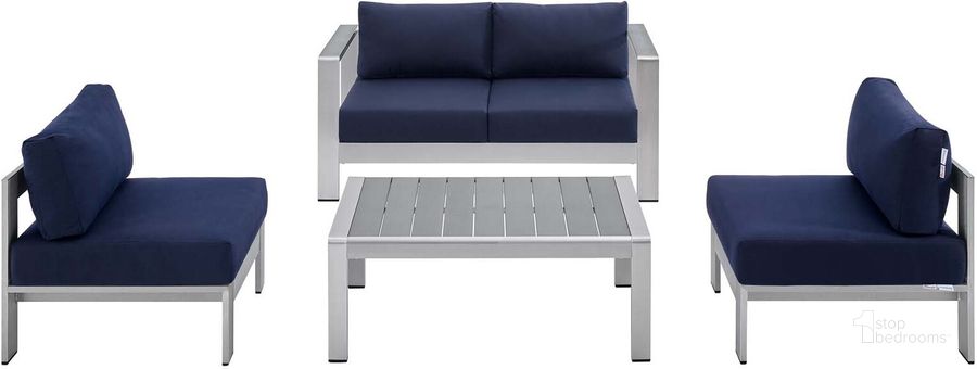 The appearance of Shore Sunbrella Fabric Outdoor Patio Aluminum 4 Piece Set EEI-4315-SLV-NAV-SET designed by Modway in the modern / contemporary interior design. This silver navy piece of furniture  was selected by 1StopBedrooms from Shore Collection to add a touch of cosiness and style into your home. Sku: EEI-4315-SLV-NAV-SET. Product Type: Outdoor Conversation Set. Material: Foam. Image1