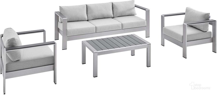 The appearance of Shore Sunbrella Fabric Outdoor Patio Aluminum 4 Piece Set EEI-4316-SLV-GRY-SET designed by Modway in the modern / contemporary interior design. This silver gray piece of furniture  was selected by 1StopBedrooms from Shore Collection to add a touch of cosiness and style into your home. Sku: EEI-4316-SLV-GRY-SET. Product Type: Outdoor Conversation Set. Material: Foam. Image1