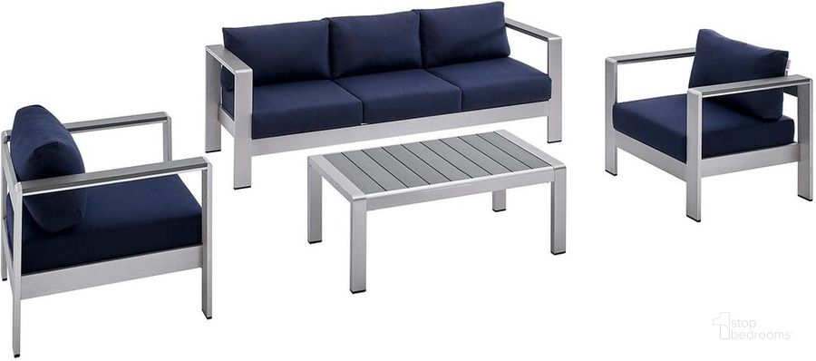 The appearance of Shore 4-Piece Sunbrella Fabric Outdoor Patio Aluminum Set In Silver Navy designed by Modway in the modern / contemporary interior design. This silver navy piece of furniture  was selected by 1StopBedrooms from Shore Collection to add a touch of cosiness and style into your home. Sku: EEI-4316-SLV-NAV-SET. Product Type: Outdoor Conversation Set. Material: Foam. Image1