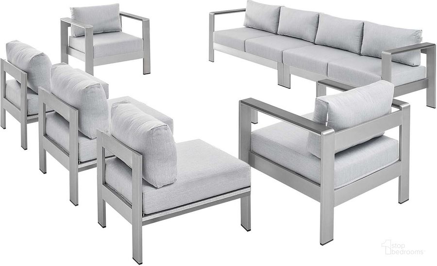 The appearance of Shore Sunbrella Fabric Outdoor Patio Aluminum 7 Piece Sectional Sofa Set In Silver Gray designed by Modway in the modern / contemporary interior design. This silver gray piece of furniture  was selected by 1StopBedrooms from Shore Collection to add a touch of cosiness and style into your home. Sku: EEI-5481-SLV-GRY-SET. Material: Fabric. Product Type: Outdoor Sectional. Image1