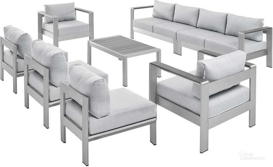 The appearance of Shore Sunbrella Fabric Outdoor Patio Aluminum 8 Piece Sectional Sofa Set In Silver Gray designed by Modway in the modern / contemporary interior design. This silver gray piece of furniture  was selected by 1StopBedrooms from Shore Collection to add a touch of cosiness and style into your home. Sku: EEI-5482-SLV-GRY-SET. Material: Fabric. Product Type: Sectional. Image1