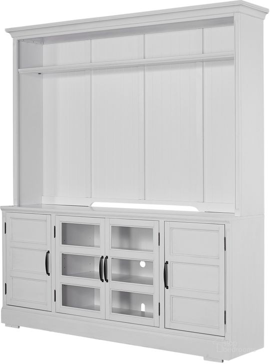 The appearance of Shoreham 76 Inch TV Console With Hutch In White designed by Parker House in the coastal interior design. This white piece of furniture  was selected by 1StopBedrooms from Shoreham Collection to add a touch of cosiness and style into your home. Sku: SHO#405-EFW;SHO#412-EFW. Product Type: TV Console. Material: Wood Veneer. Image1