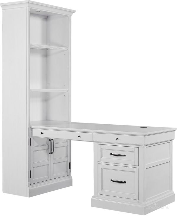 The appearance of Shoreham Bookcase With Peninsula Desk In White designed by Parker House in the coastal interior design. This white piece of furniture  was selected by 1StopBedrooms from Shoreham Collection to add a touch of cosiness and style into your home. Sku: SHO#435-EFW;SHO#480-EFW;SHO#482-EFW. Product Type: Desk. Material: Wood Veneer. Image1