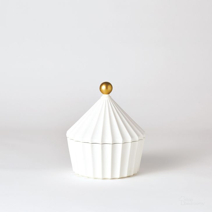 The appearance of Short Cirque Vessel With Lid In White designed by Global Views in the modern / contemporary interior design. This gold piece of furniture  was selected by 1StopBedrooms from Cirque Collection to add a touch of cosiness and style into your home. Sku: JB1.10059. Material: Ceramic. Product Type: Decorative Accessory. Image1