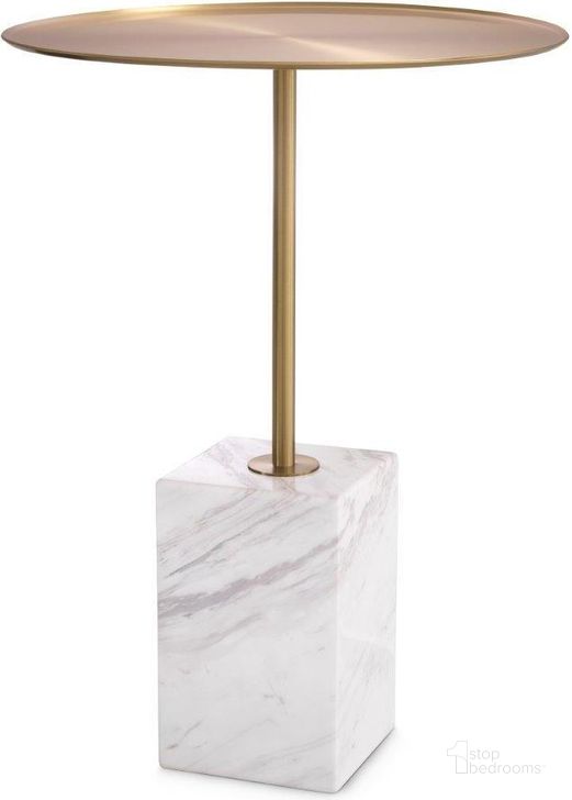The appearance of Side Table Cole Brushed Brass Finish White Marble designed by Eichholtz in the modern / contemporary interior design. This brass piece of furniture  was selected by 1StopBedrooms from Cole Collection to add a touch of cosiness and style into your home. Sku: 115543. Material: Marble. Product Type: Side Table. Image1