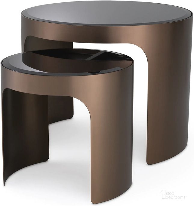 The appearance of Side Table Piemonte Brushed Copper Finish Set Of 2 designed by Eichholtz in the modern / contemporary interior design. This copper piece of furniture  was selected by 1StopBedrooms from Piemonte Collection to add a touch of cosiness and style into your home. Sku: 115053A;115053B;115053C. Product Type: Side Table. Image1