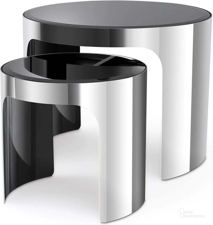 The appearance of Side Table Piemonte Polished Stainless Steel Set Of 2 designed by Eichholtz in the modern / contemporary interior design. This silver and black piece of furniture  was selected by 1StopBedrooms from Piemonte Collection to add a touch of cosiness and style into your home. Sku: 116541A;116541B;116541C. Product Type: Side Table. Image1