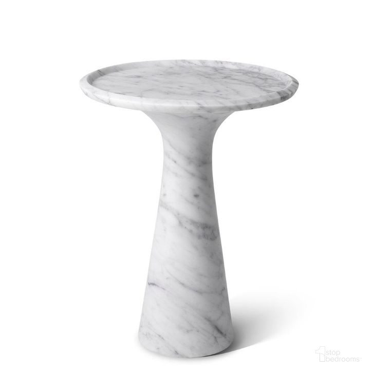 The appearance of Side Table Pompano Low White Carrera Marble designed by Eichholtz in the modern / contemporary interior design. This white piece of furniture  was selected by 1StopBedrooms from Pompano Collection to add a touch of cosiness and style into your home. Sku: 113749. Material: Marble. Product Type: Side Table. Image1