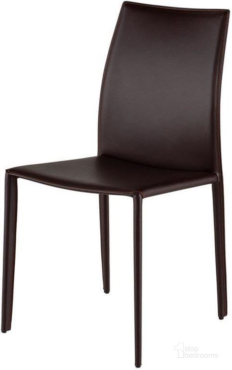 The appearance of Sienna Brown Leather Corner Stitched Dining Chair designed by Nuevo in the modern / contemporary interior design. This brown piece of furniture  was selected by 1StopBedrooms from Sienna Collection to add a touch of cosiness and style into your home. Sku: HGGA284. Material: Leather. Product Type: Dining Chair. Image1