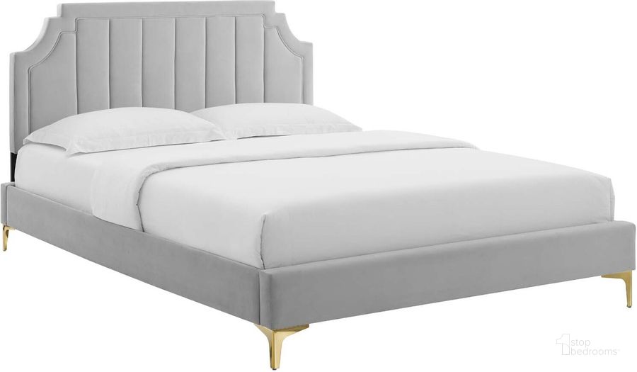 The appearance of Sienna Performance Velvet King Platform Bed MOD-6918-LGR designed by Modway in the modern / contemporary interior design. This light gray piece of furniture  was selected by 1StopBedrooms from Sienna Collection to add a touch of cosiness and style into your home. Sku: MOD-6918-LGR. Bed Type: Platform Bed. Product Type: Platform Bed. Bed Size: King. Material: MDF. Image1