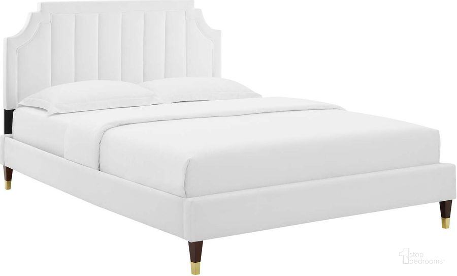 The appearance of Sienna Performance Velvet King Platform Bed MOD-6919-WHI designed by Modway in the modern / contemporary interior design. This white piece of furniture  was selected by 1StopBedrooms from Sienna Collection to add a touch of cosiness and style into your home. Sku: MOD-6919-WHI. Bed Type: Platform Bed. Product Type: Platform Bed. Bed Size: King. Material: MDF. Image1