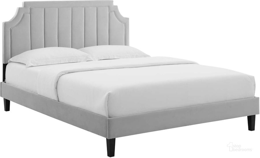The appearance of Sienna Performance Velvet King Platform Bed MOD-6920-LGR designed by Modway in the modern / contemporary interior design. This light gray piece of furniture  was selected by 1StopBedrooms from Sienna Collection to add a touch of cosiness and style into your home. Sku: MOD-6920-LGR. Bed Type: Platform Bed. Product Type: Platform Bed. Bed Size: King. Material: MDF. Image1