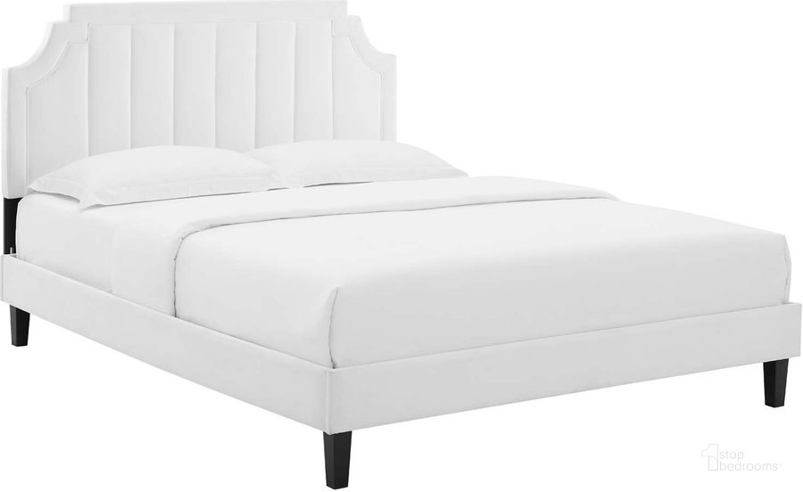 The appearance of Sienna Performance Velvet King Platform Bed MOD-6920-WHI designed by Modway in the modern / contemporary interior design. This white piece of furniture  was selected by 1StopBedrooms from Sienna Collection to add a touch of cosiness and style into your home. Sku: MOD-6920-WHI. Bed Type: Platform Bed. Product Type: Platform Bed. Bed Size: King. Material: MDF. Image1