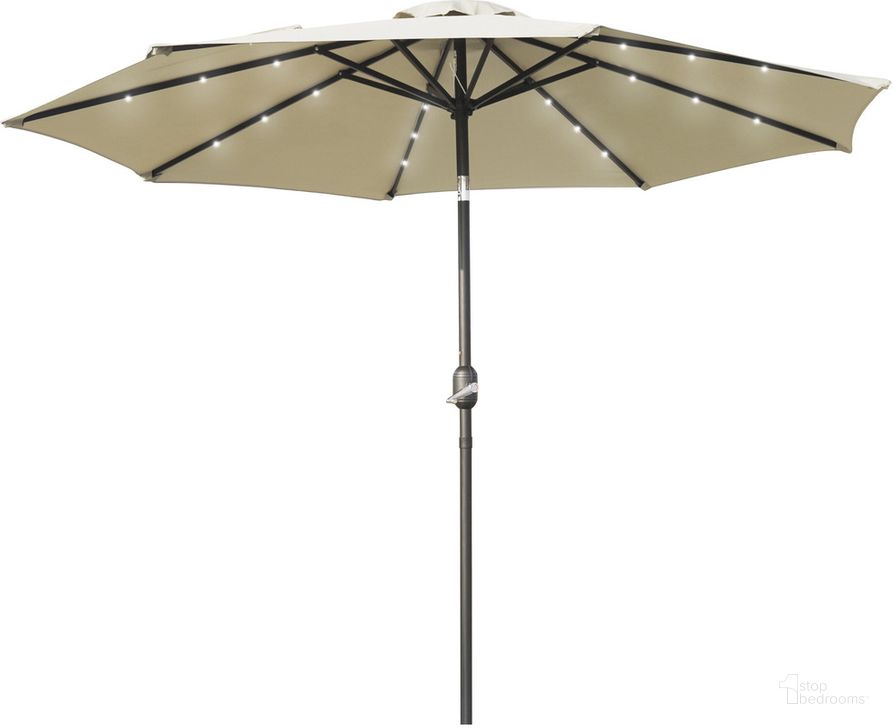 The appearance of Sierra 9' Outdoor Patio Tilt Market Umbrella with Solar LED Lights In Cream designed by LeisureMod in the  interior design. This cream piece of furniture  was selected by 1StopBedrooms from Sierra Collection to add a touch of cosiness and style into your home. Sku: SUBL-9CR. Material: Aluminum. Product Type: Umbrella. Image1