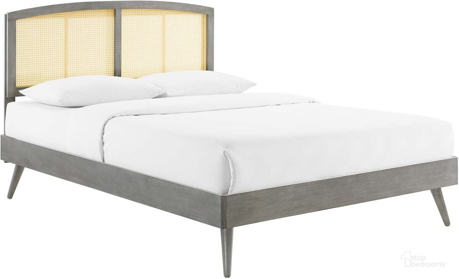 The appearance of Sierra Cane and Wood Full Platform Bed With Splayed Legs In Gray designed by Modway in the modern / contemporary interior design. This gray piece of furniture  was selected by 1StopBedrooms from Sierra Collection to add a touch of cosiness and style into your home. Sku: MOD-6700-GRY. Bed Type: Platform Bed. Product Type: Platform Bed. Bed Size: Full. Material: Rubberwood. Image1
