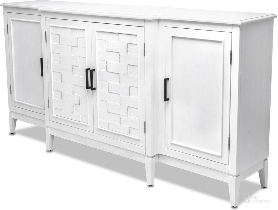 The appearance of Siesta Key 4 Door Credenza In White designed by Sea Winds Trading in the transitional interior design. This white piece of furniture  was selected by 1StopBedrooms from Siesta Collection to add a touch of cosiness and style into your home. Sku: B25515-WW. Material: Wood. Product Type: Credenza. Image1