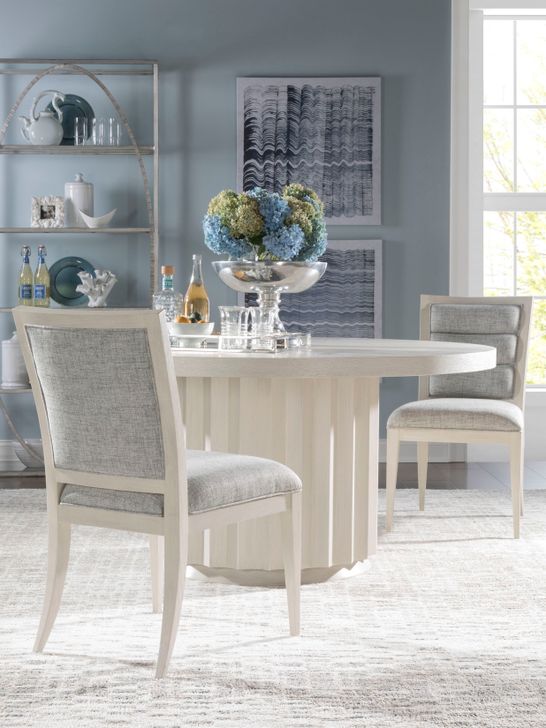 The appearance of Signature Designs Cerused White Grey Sarto Round Dining Room Set designed by Artistica Home in the transitional interior design. This gray piece of furniture  was selected by 1StopBedrooms from Signature Designs Collection to add a touch of cosiness and style into your home. Sku: 01-2266-870C;01-2262-880-01. Product Type: Dining Room Set. Image1