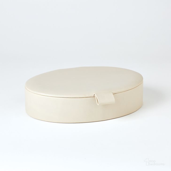 The appearance of Signature Oval Leather Large Box In Mist designed by Global Views in the modern / contemporary interior design. This white piece of furniture  was selected by 1StopBedrooms from Signature Collection to add a touch of cosiness and style into your home. Sku: BB-9.90044. Material: Leather. Product Type: Box. Image1